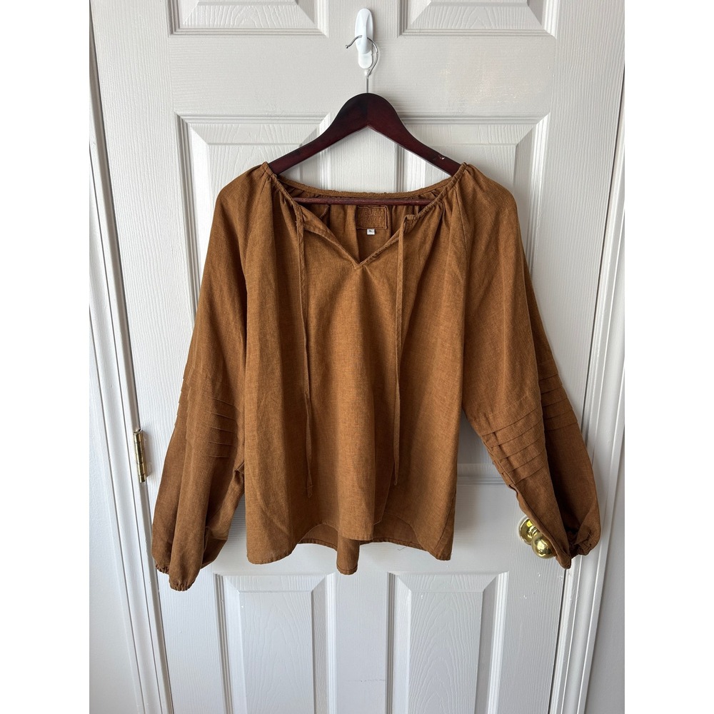 Velvet Heart Linen Blouse Womens XL Brown Boho Balloon Sleeve LCS-25253 Top